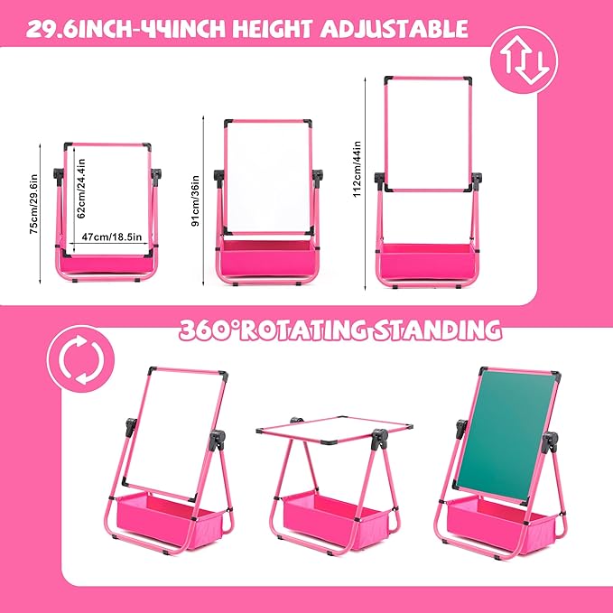 Kids Art Easel with 29.5inch-44inch Height Adjustable Whiteboard&Chalkboard Double Sided Easel 360°Rotating Art Easel for Kids Pink Over 3 Years Old