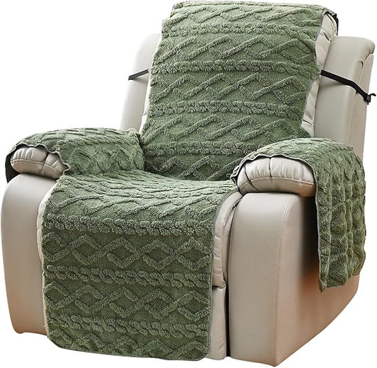 vctops Geometric Jacquard Plush Recliner Chair Cover Soft Fuzzy Fluffy Reclining Chair/Furniture Protector with Elastic Straps for Kids, Pets(Green,21.7")