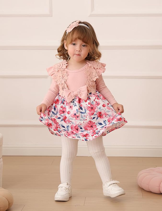 Baby Girl Dress Fall Flower Ruffle with Lace Headband Toddler Girls 3M-3T Infant Dresses Winter Baby Girl Clothes