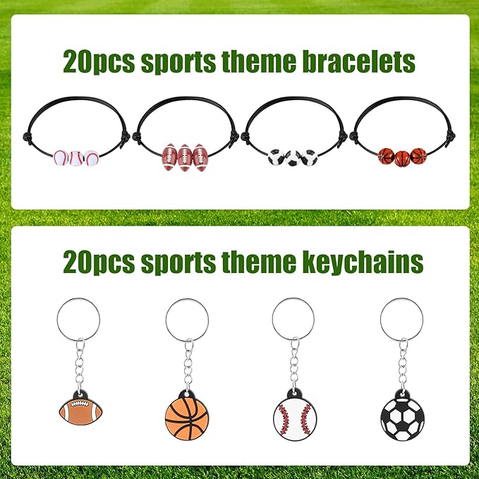 40pcs Sports Party Favors, 20pcs Sports Keychains & 20pcs Sports Bracelets with Football Basketball Rugby Baseball Sport Theme Thank You for Coming Gifts for Sports Party Supplies