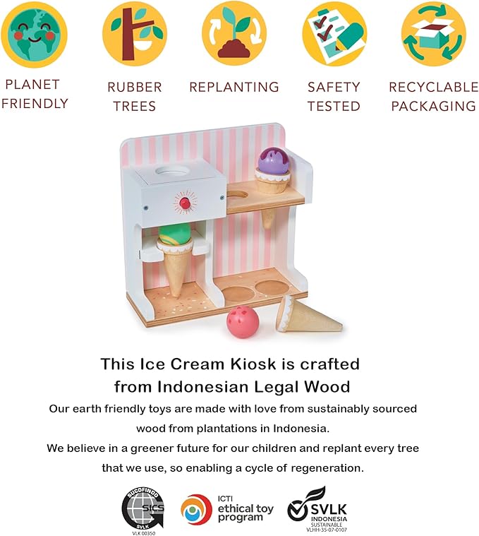 Mentari Toys - Ice Cream Kiosk - 7pc Wooden Play Shop with Cornets & Scoops - Press & Drop Feature - Pretend Play Toy for Toddlers - Encourages Creativity, Fine Motor Skills & Social Play - Age 3+