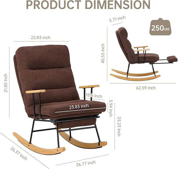 Rocking Chair with Footrest-Glider Rocker Chair with Retractable Footrest and Adjustable Backrest, Teddy Upholstered Rocking Chair Set of 2, Accent Chair for Living Room/Nursery/Bedroom/Outdoor-Brown