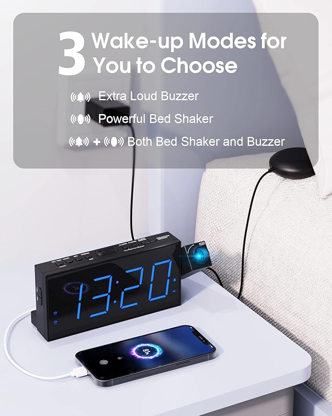 Projection Alarm Clock for Bedrooms,7'' Digital Clock with 180° Projector, 5-Level Brightness Dimmer, USB Charger,Snooze,12/24H& Battery Backup,Suitable for Deaf and Hard of Hearing,Kids,and Elders