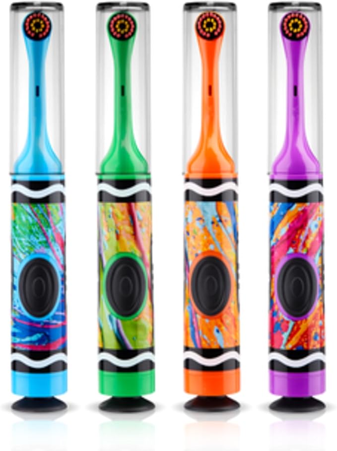 GUM Crayola Power Toothbrush for Kids, Extra Soft Bristled Toddler Toothbrushes, Travel Cap + Suction Cup Base, Batteries Included, 1ct