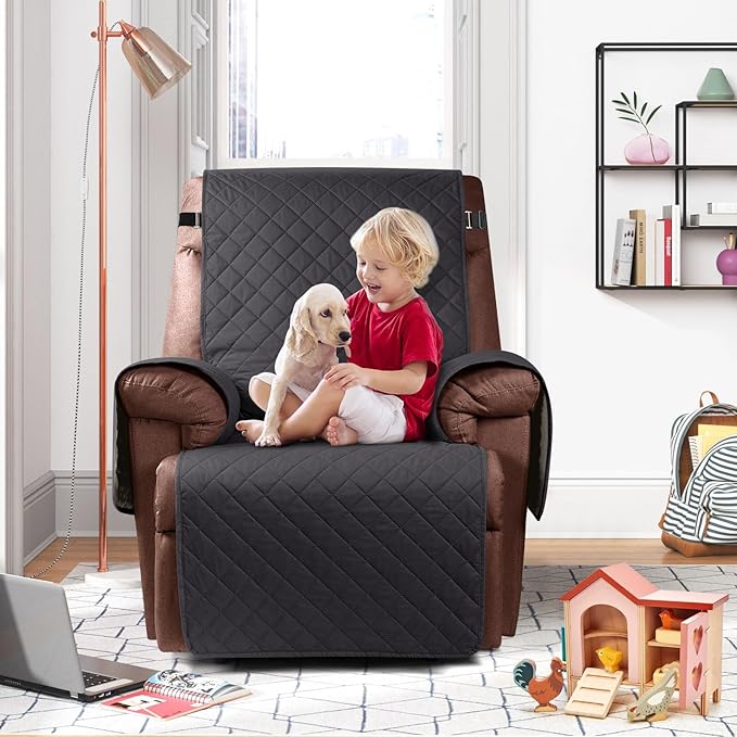 KinCam 100% Waterproof Recliner Chair Cover, Reclining Couch Covers for Pets, Dogs, Recliner Couch Slipcover Furniture Protector with Elastic Straps for Kids(23.6", Charcoal Gray)