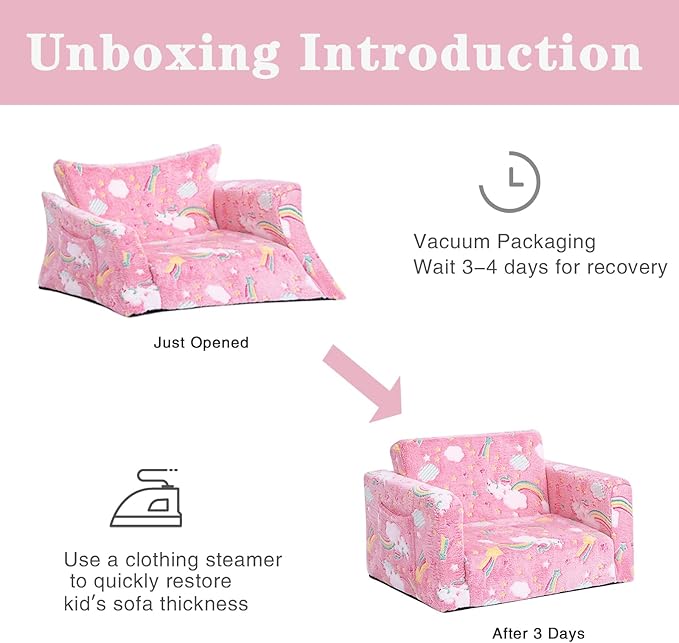 Tiita Kids Chair Couch, Folding Toddler Comfy Sofa Chairs, 2-in-1 Kids Plush Sofa Fold Out, Baby Armrest Chair Sofa to Lounger, Convertible Play Sofas to Bed for Girl or Boy, Pink Rainbow