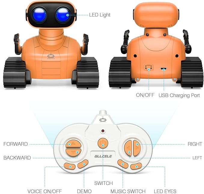 ALLCELE Robot Toys, Rechargeable RC Robots for Kids Boys, Remote Control Toy with Music and LED Eyes, Gift for Children Age 3 Years and Up - Orange