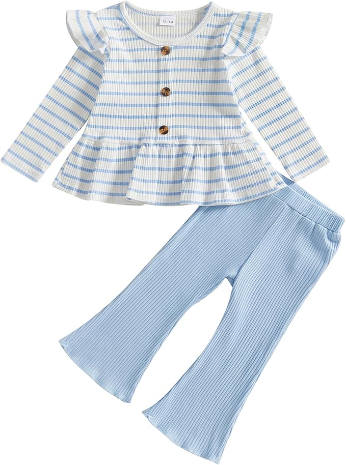Mubineo Toddler Baby Girl Clothes Cute Ribbed Outfits Knit Long Sleeve Shirt Tops Bell Bottom Pant Fall Winter Outfit
