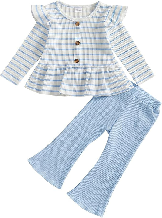 Mubineo Toddler Baby Girl Clothes Cute Ribbed Outfits Knit Long Sleeve Shirt Tops Bell Bottom Pant Fall Winter Outfit