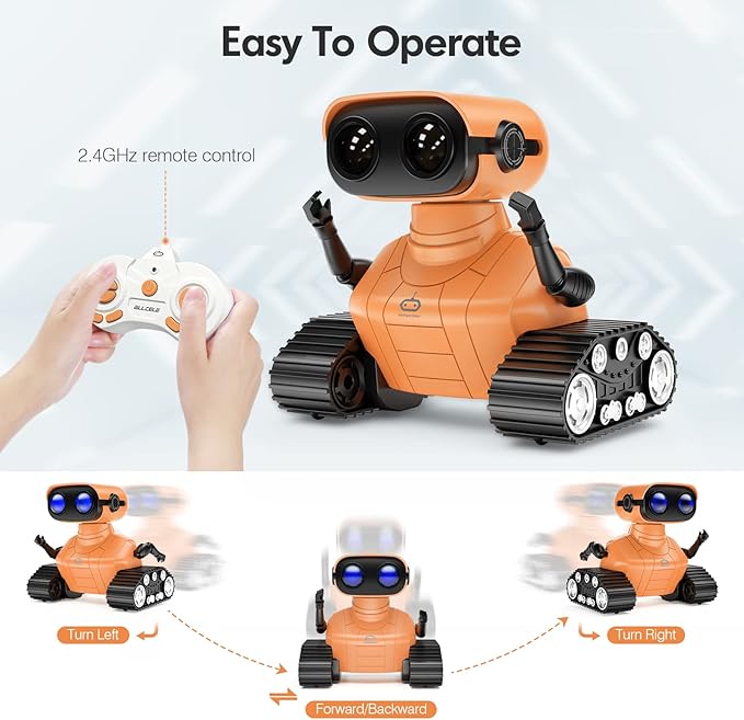 ALLCELE Robot Toys, Rechargeable RC Robots for Kids Boys, Remote Control Toy with Music and LED Eyes, Gift for Children Age 3 Years and Up - Orange
