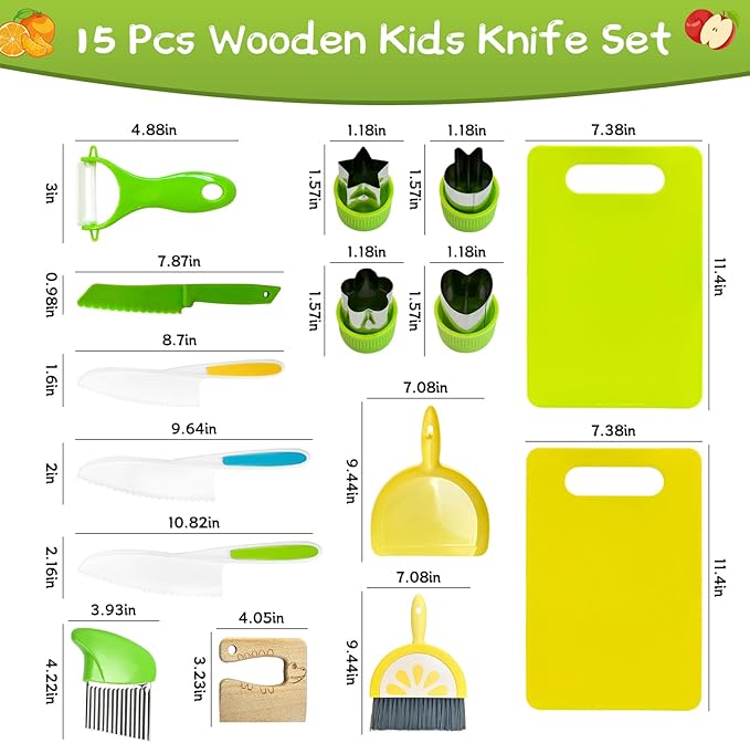 15 Pieces Kids Safe Knife Set for Real Cooking Child-Friendly Plastic Chef Tools Montessori Kitchen Toys for Toddlers with Bright Colors Gifts for Boys and Girls