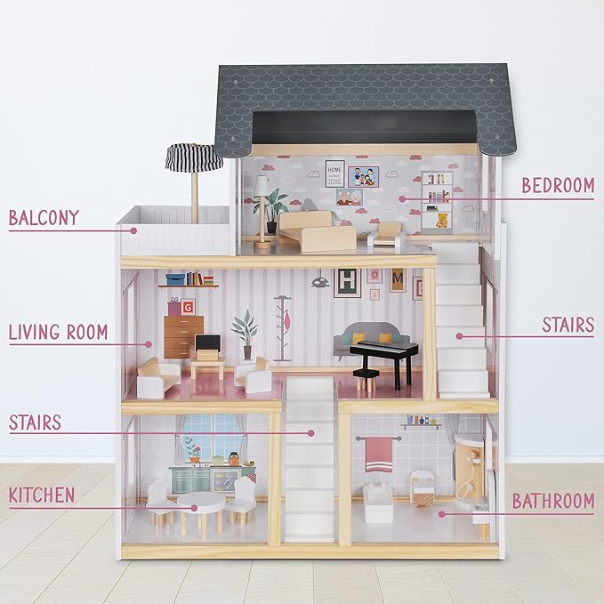 Lil' Jumbl Jumbl Kids Wooden Dollhouse, 17-Piece Accessories & Furniture are Included, with Balcony & Stairs, 3 Story Easy to Assemble Doll House Toy