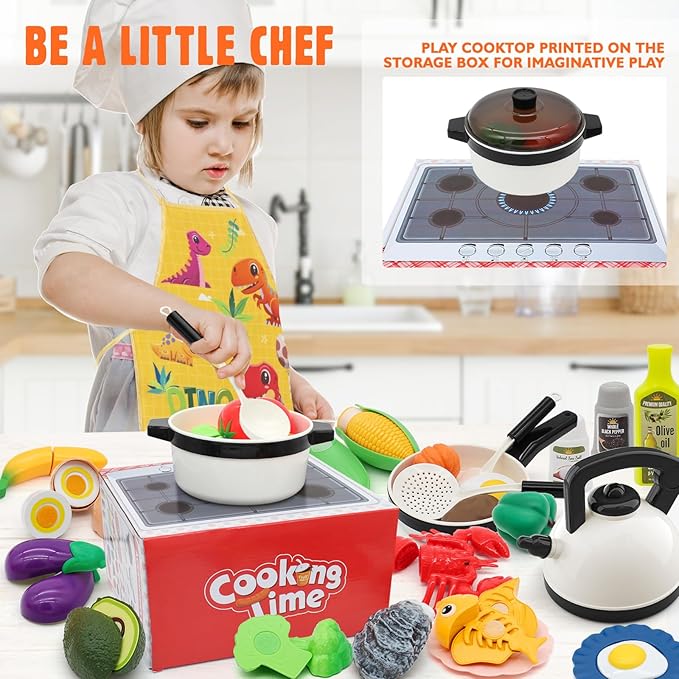 39 Items 62Pcs Play Kitchen Toy Accessories Set, Kids Kitchen Set with Play Pots and Pans, Pretend Play Food, Cooking Utensils, Apron, Toddler Kitchen Playset Kids Girls Boys Age 3+…