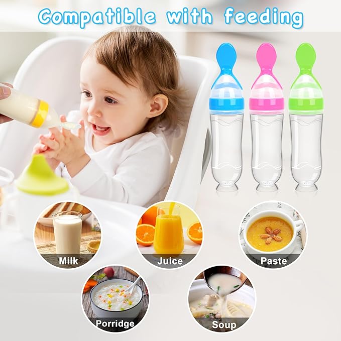 Baby Food Feeder Silicone Baby Food Dispensing Spoon-WAJIAYON, 3 oz Squeeze Feeding Spoons with Suction Cup for Boys Girl Kids Toddlers - Self Feeding Bottle Spoon -Yellow