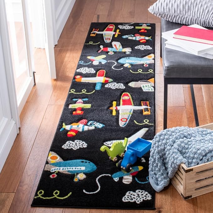 SAFAVIEH Carousel Kids Collection Runner Rug - 2' x 8', Black & Ivory, Non-Shedding & Easy Care, Ideal for High Traffic Areas for Boys & Girls in Playroom, Nursery, Bedroom (CRK167Z)