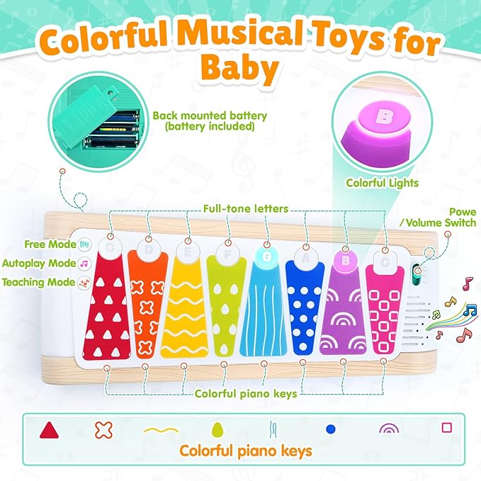 PLAY Touch Xylophone Piano Musical Toys for Toddlers 1-3 with Pen and Lights, Music Instruments Learning Toys for Babies Boys Girls Gifts, Built-in Songs Teaching & Batteries, Imitation Wood Grain