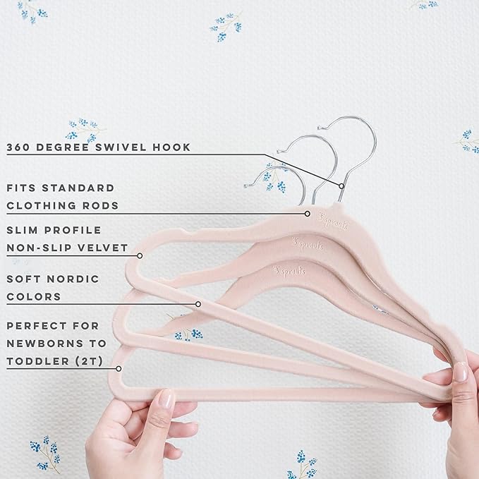 3 Sprouts Velvet Baby Hangers - Non-Slip Hanger for Infant, Toddler, Baby Clothes - Closet Kids Hangers with Slim Design, Nordic Colors, Pack of 30 - Pink