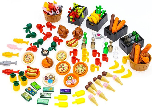 180pcs City-Friends Brick-Food-Pieces -Fruit-Apple-Banana-Pineapple-Cherry Desserts-Ice Cream-Cake-Sweet Cone Picnic--Pizza-Hotdogs-Turkey-Fish-Beer-Money Toys for Extra Bricks