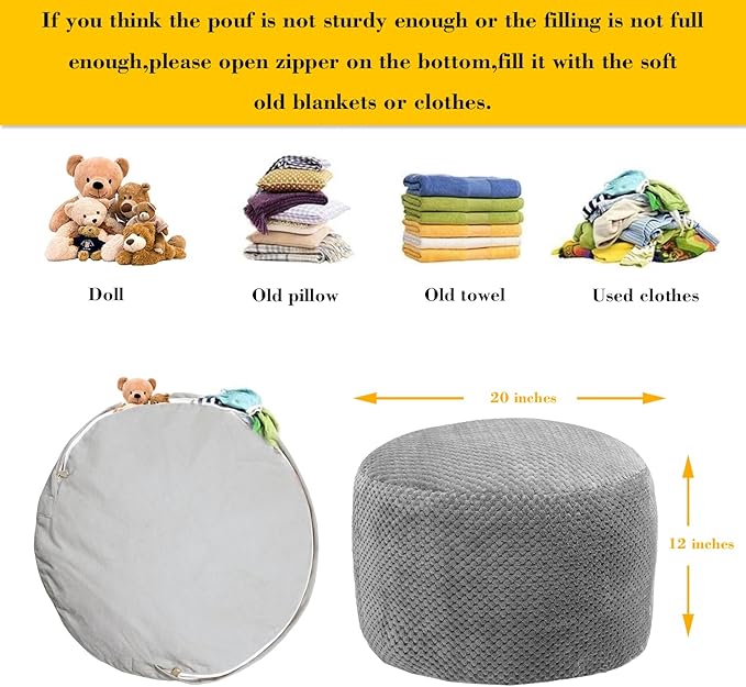 Asuprui Pouf Ottoman Stuffed Pouf Ottoman Foot Rest Soft Foot Stool 20x20x12 Inches Fuzzy Chair Floor Pouf Chair Foot Rest with Storage for Living Room Bedroom Gray Pouf with Filler