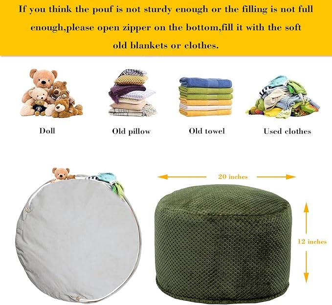 Asuprui Pouf Ottoman Stuffed Stuffed Ottoman Foot Rest Soft Plush Fiber Foot Stool 20x20x12 Inches Fuzzy Chair Floor Pouf Chair Foot Rest with Storage for Living Room Bedroom Green Pouf with Filler