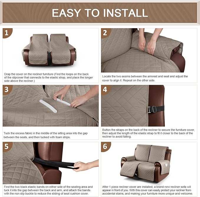 KinCam Waterproof Loveseat Recliner Cover, Non-Slip Reclining Couch Covers for 2 Seat, Recliner Sofa Cover Furniture Protector with Elastic Straps for Kids, Pets, Taupe