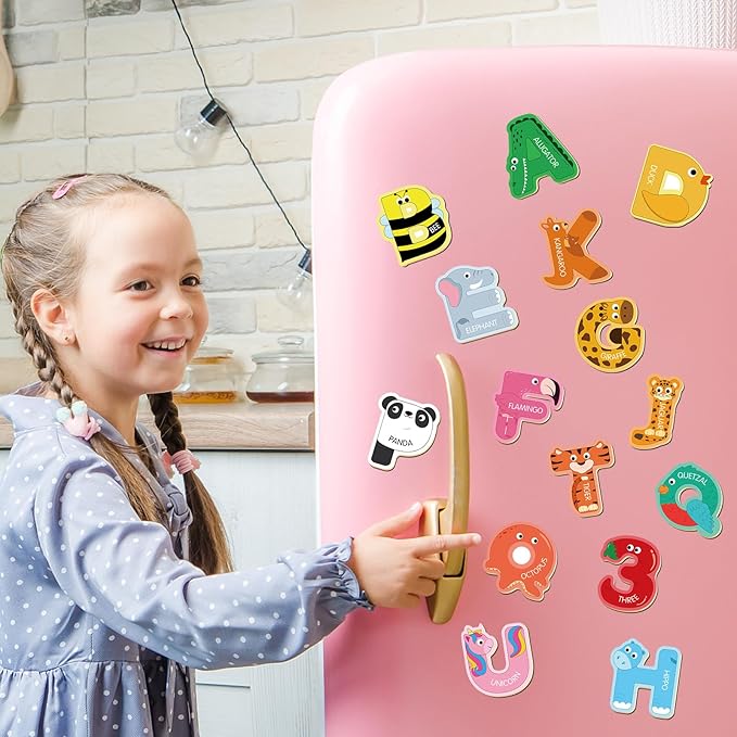 41 Pieces Wooden Thick Alphabet Magnets for Toddlers Fridge, Large Cute Animal Colorful ABC 26 Uppercase Letters, 10 Numbers Magnetic Alphabet Educational Toy Set for Kids Preschool Learning Spelling