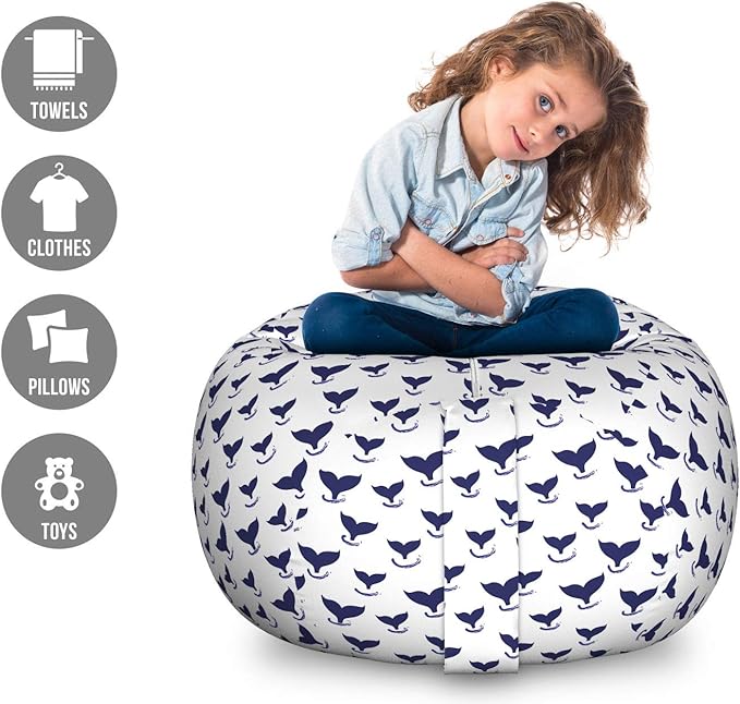 Ambesonne Whales Storage Toy Bag Chair, Repeating Monochrome Pattern of Fish Tails Underwater Grunge Drawn Brushstrokes, Stuffed Animal Organizer Washable Bag, Large Size, White Indigo
