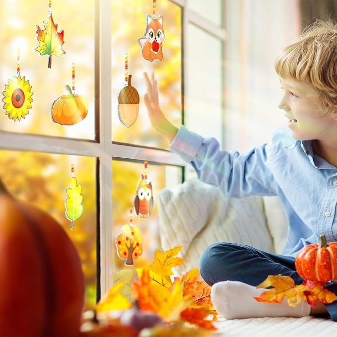 30 Set Thanksgiving Window Art Suncatchers Kits Autumn Pumpkin Maple Leaves DIY Suncatchers Craft Kits Make Your Own Suncatcher Paint Suncatchers Ornaments for Kids Thanksgiving Art Craft