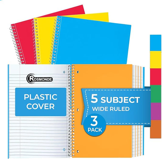 5 Subject Spiral Notebook, 3 Pack, Wide Ruled, Water Resistant Cover, Thick 300 Pages/Book (150 Sheets), 8 x 10-1/2, 3 Hole Punched, Colored Dividers, Assorted Colors, Bulk School & Office