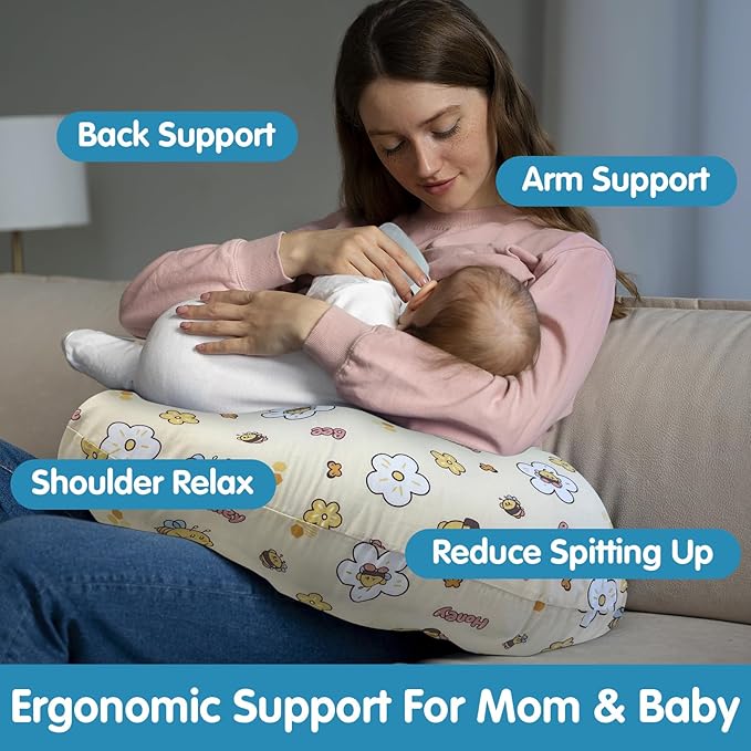 Nursing Pillow, Breastfeeding Pillows with Standard Size Removable Cover, Breast Feeding Pillow with Breathable Filling, Ergonomic Nursing Essentials for Bottle and Breastfeeding- Honey Bee…