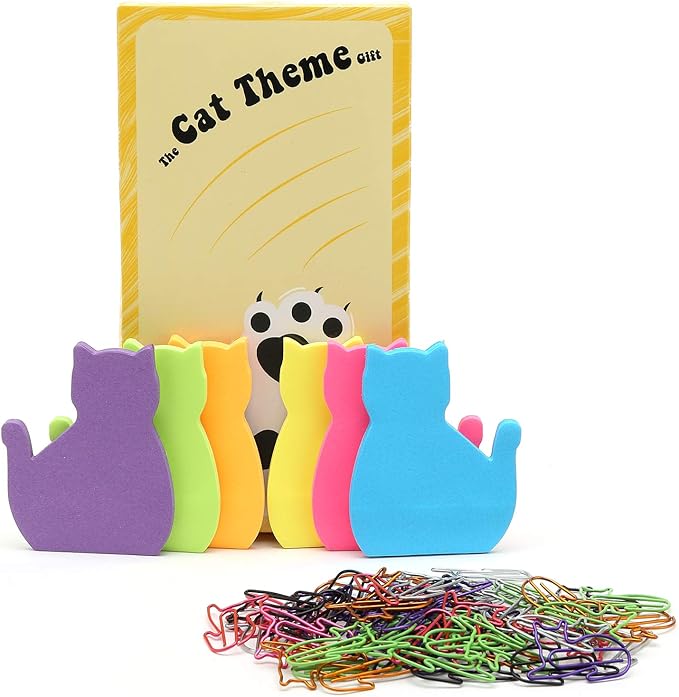 Adorable Cat Lover's Set: 6 Colorful Cat Paper Clips and Silhouette Cat Sticky Notes - Perfect Office Desk Accessories for Work and School