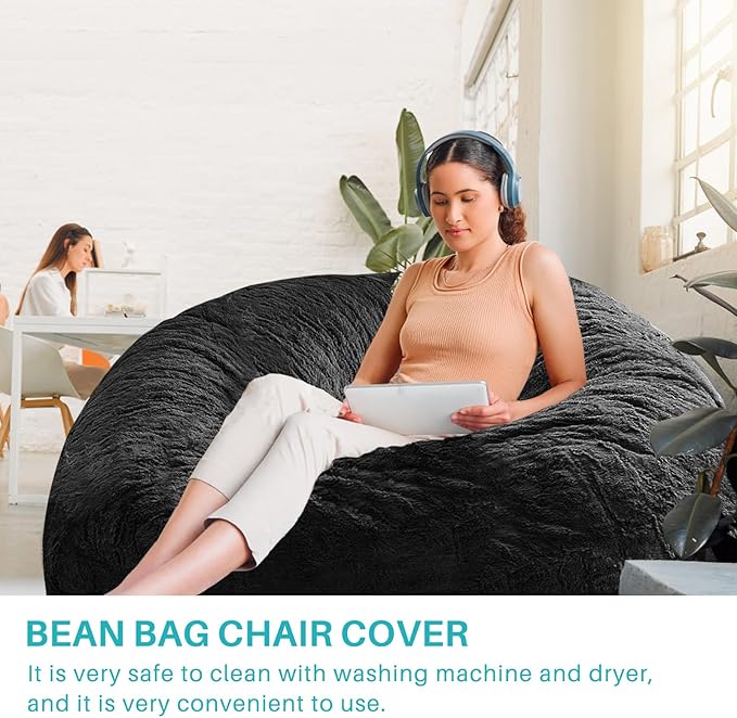 cjc Giant Fur Bean Bag Chair Cover for Kids Adults, (No Filler) Living Room Furniture Big Round Soft Fluffy Faux Fur Beanbag Lazy Sofa Bed Cover(Black, 6FT 150 * 75cm)
