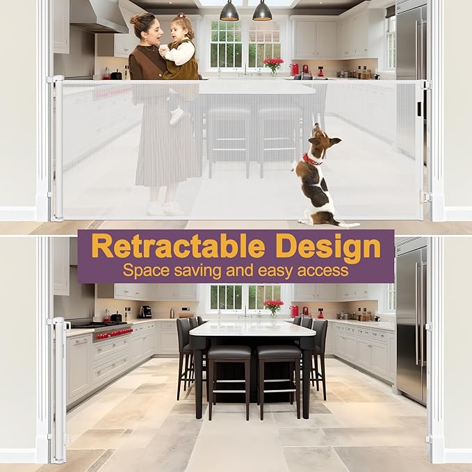 42" Tall X 80" Wide Retractable Baby Gates for Doorways Extra Tall Dog Gate for Large Openings Tall Pet Gate for Cats Tall Mesh Baby Gate Large Dog Gate Long Gates for Kids or Pets (White)