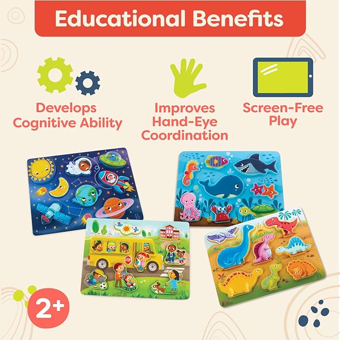 B. toys- Peek & Explore 4-Pack: Bus, Sea, Space, Dino- Chunky Puzzle 4-Pack – Wooden Puzzles – Sea, Space, Bus, Dinos – 8 Pieces Each – 2 Years +