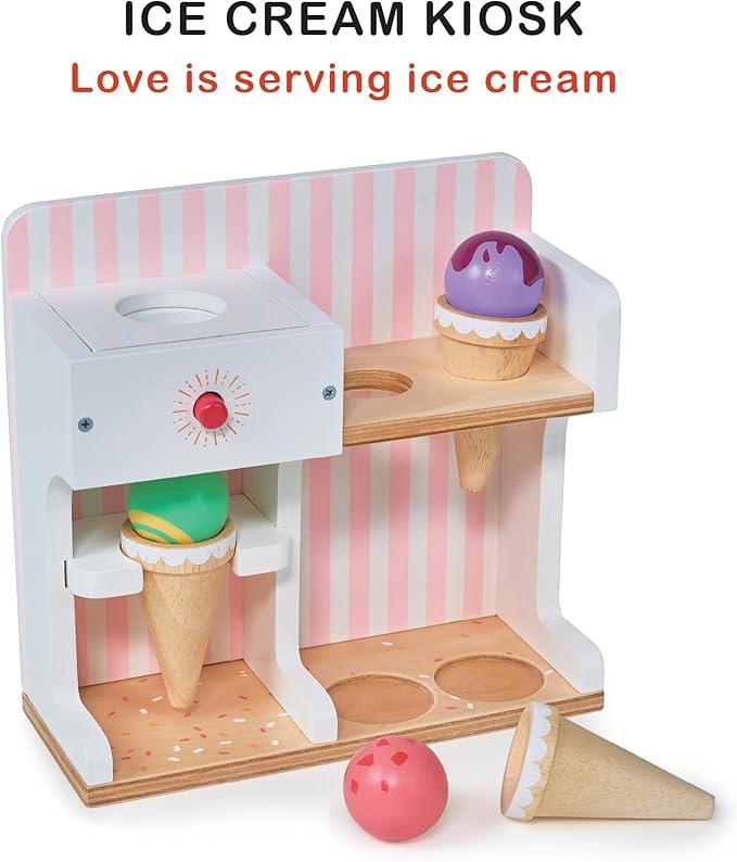 Mentari Toys - Ice Cream Kiosk - 7pc Wooden Play Shop with Cornets & Scoops - Press & Drop Feature - Pretend Play Toy for Toddlers - Encourages Creativity, Fine Motor Skills & Social Play - Age 3+