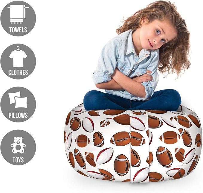 Ambesonne American Football Storage Toy Bag Chair, Classic Design Rugby Balls in Cartoon Style Sports Competition, Stuffed Animal Organizer Washable Bag, Small Size, Caramel White