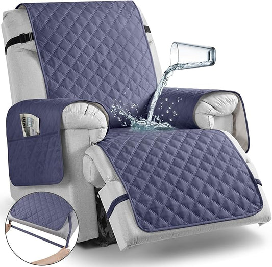 TAOCOCO Waterproof Recliner Chair Covers with Leg Strap 1 Piece Oversized Recliner Covers for Large Recliner for Pets Kids, Washable Reclining Chair Furniture Protector(28'' Oversized, Bluish Grey)