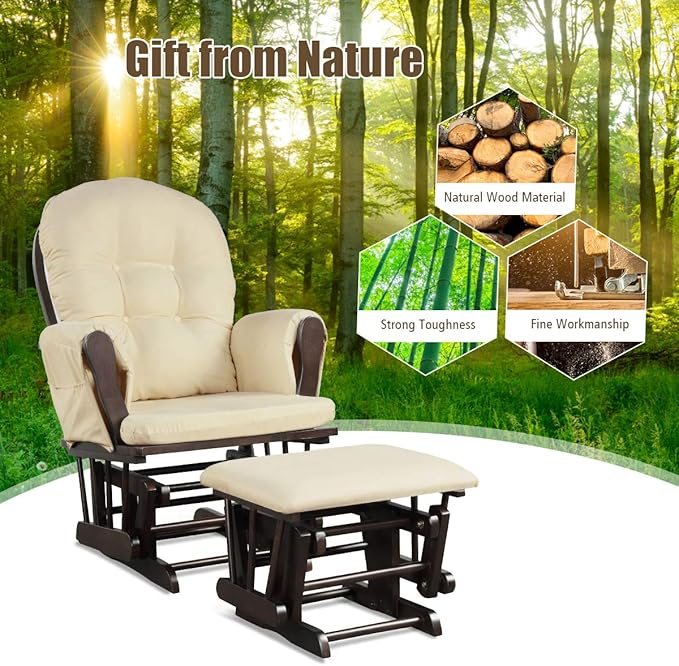 Costzon Nursery Glider with Ottoman, Upholstered Comfort Glider Rocker with Padded Cushion, Storage Pocket, Solid Wood Base, Rocking Chair Nursery for Breastfeeding, Maternity, Napping (Beige)