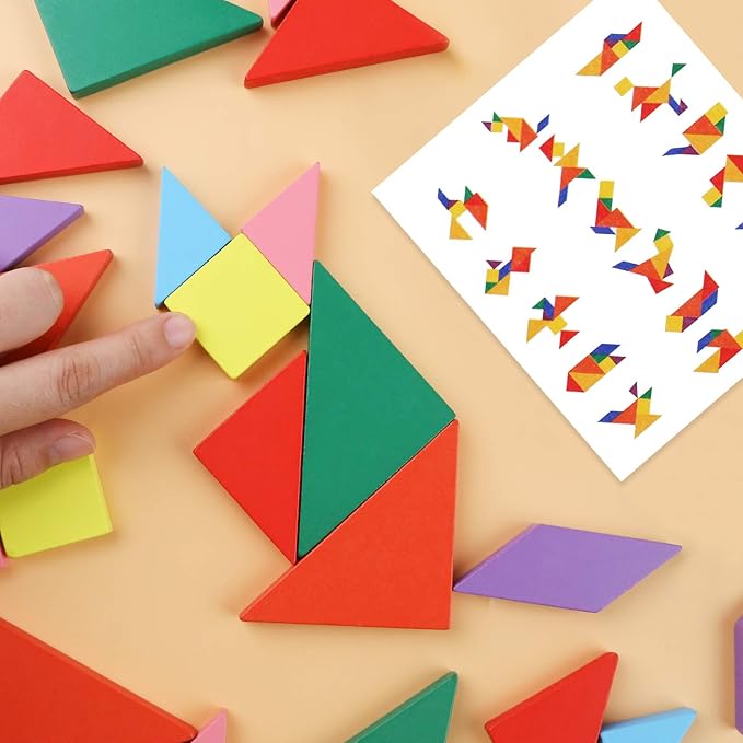 3 otters Wooden Tangrams Puzzles, 4 Pack Educational Tangrams Shapes Puzzle Toys for Kids Christmas Stocking Stuffers, STEM Montessori Wood Toy, Brain Logic Blocks
