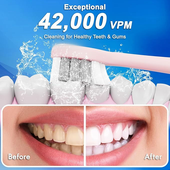 Sonic Electric Toothbrush for Adults & Kids, Rechargeable Electric Toothbrush with 10 Brush Heads & Travel Case, Teeth Whitening, Power Electric Toothbrush with Holder, Charge for 120 Days - Pink