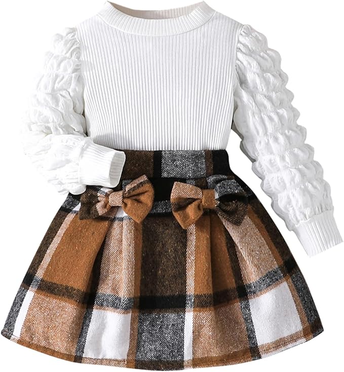Fernvia Toddler Baby Girl Fall Winter Skirt Set Turtleneck Ribbed Long Sleeve T-Shirt Top & Plaid Skirts Dress 2Pcs Outfits