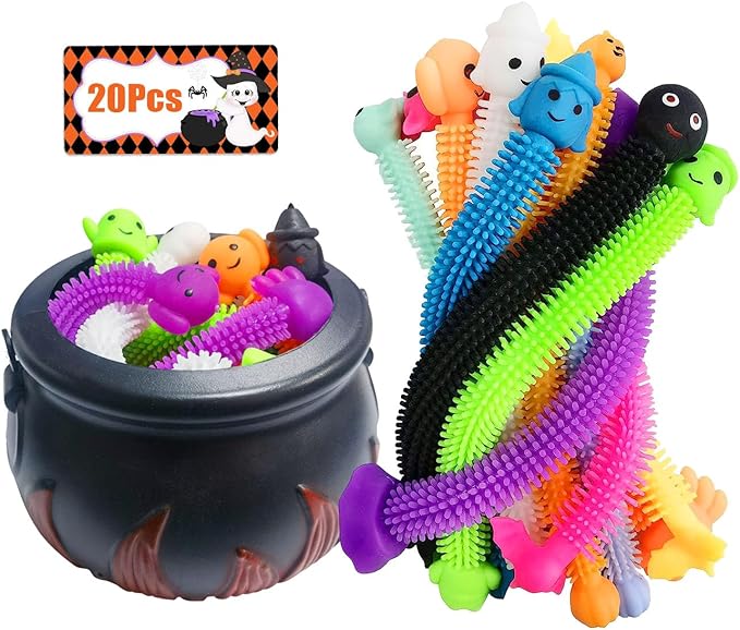 5.5" Halloween Cauldron with 20 Pcs Stretchy Strings Stress Relief and Anti-Anxiety Toys Assortment for Kids Boys Girls Halloween Party Favors,Halloween Decorations