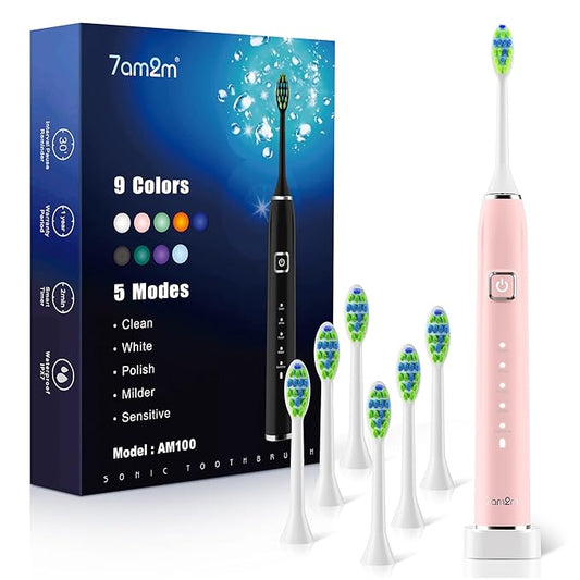 7AM2M Sonic Electric Toothbrush with 6 Brush Heads for Adults&Kids, One Charge for 120 Days, Wireless Fast Charge, 5 Modes, 40000VPM Powered Toothbrush, 2 Minutes Built in Smart Timer (Pink)