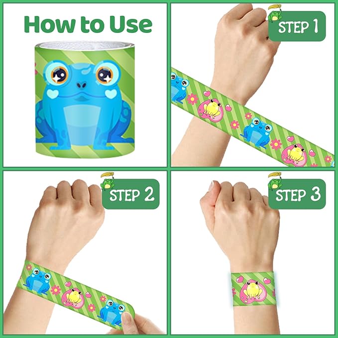 48 PCS Frog Slap Bracelets Party Favors, Frog Wristbands Bracelets Goodie Bag Fillers for Frog Birthday Party Decorations Supplies Gifts for Kids Boys Girls Classroom Rewards