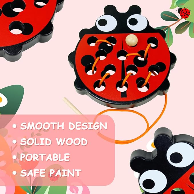 Sealive Wooden Lacing Toys for Toddlers - Fun Learning Activity for Preschoolers | Develop Fine Motor Skills | Durable Montessori Toy for Travel (Ladybug)