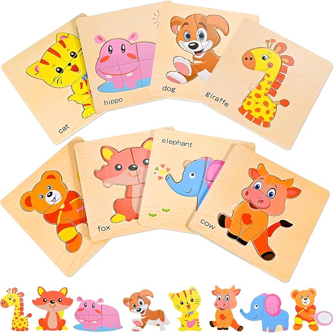 8pcs Wooden Puzzles for Toddlers 1 2 3 4, Toddler Puzzles Ages 1 2 3 4, Montessori Educational Jigsaw Toys Puzzles Christmas Birthday Gift for Kids Girl Boy 1-4 Year Old (Zoo Animals)