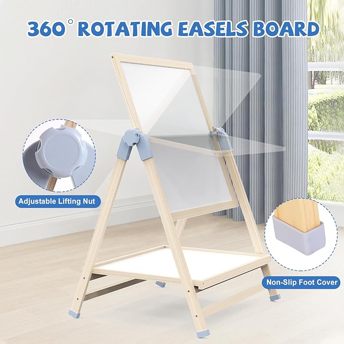 Adena Montessori Art Easel for Kids, 2 in 1 Adjustable Wooden Standing Art Easel & Toys Table Montessori Learning Furniture for 3-8 Years Old Children