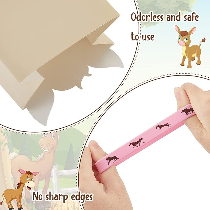 36 Pcs Horse Party Favors Including Horse Treat Favor Bags Horse Party Bag Cowboy Candy Bags Horse Rubber Bracelets for Baby Shower Horse Birthday Party(Light Brown, Rose, Pink, White)