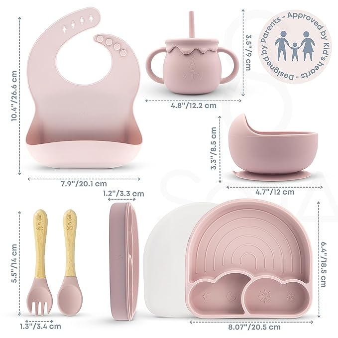 All In One Silicone Baby Feeding Set By SofiAl - Safe for 6-12 Months - Non-Toxic Baby Led Weaning Supplies - Toddler Self Feeding Utensils - BPA-Free - Mess Free Baby Feeding Essentials