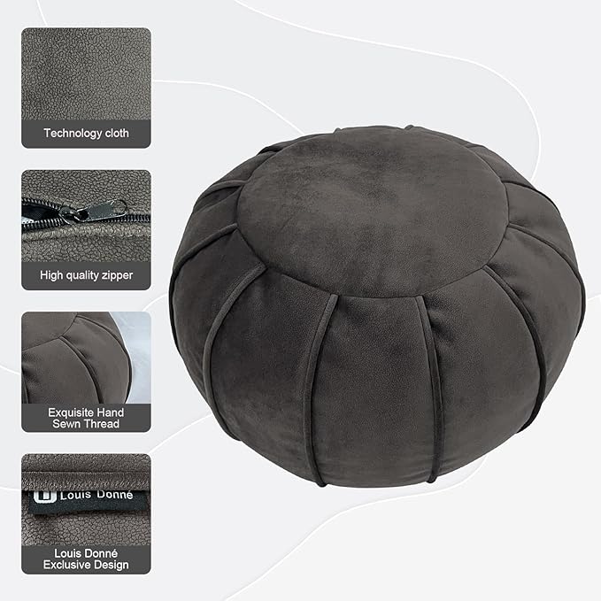 Louis Donné Unstuffed Ottoman Pouf Cover, Eco-Friendly Fabric Pouf Ottoman Floor Chair with Storage Solution for Bedroom, Round Foot Stools for Seating Poufs for Living Room Camper（Dark Brown）